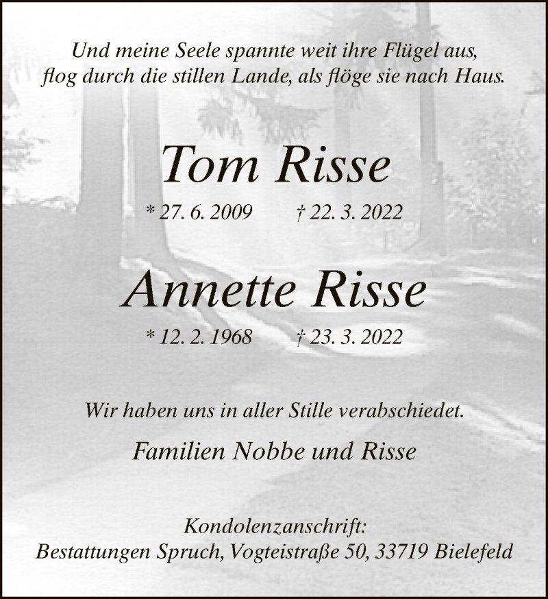  Traueranzeige für Tom und Annette Risse vom 09.04.2022 aus Neue Westfälische