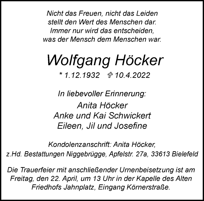  Traueranzeige für Wolfgang Höcker vom 15.04.2022 aus Neue Westfälische