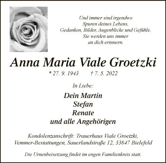 Traueranzeige von Anna Maria Viale Groetzki von Neue Westfälische