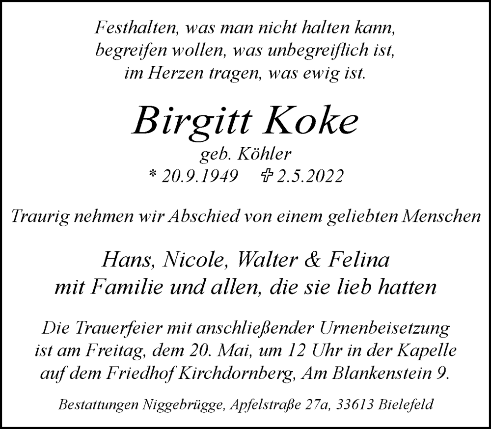  Traueranzeige für Birgitt Koke vom 07.05.2022 aus Neue Westfälische