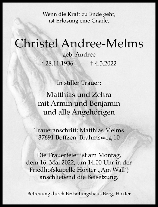 Traueranzeige von Christel Andree-Melms von Neue Westfälische