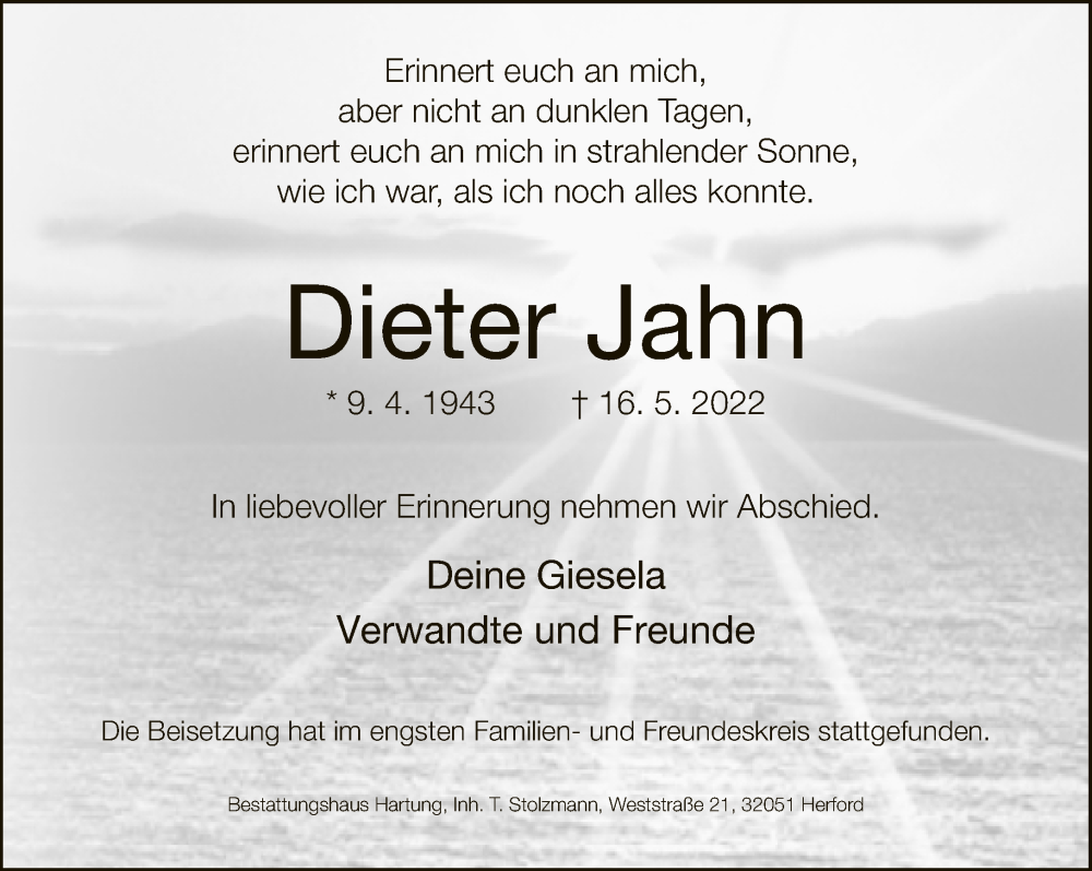  Traueranzeige für Dieter Jahn vom 28.05.2022 aus Neue Westfälische