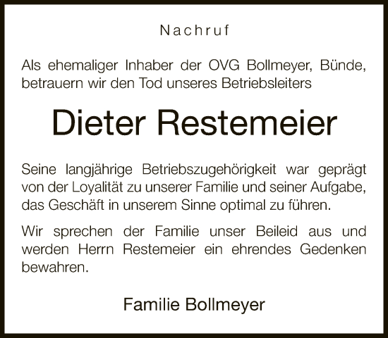Traueranzeige von Dieter Restemeier von Neue Westfälische