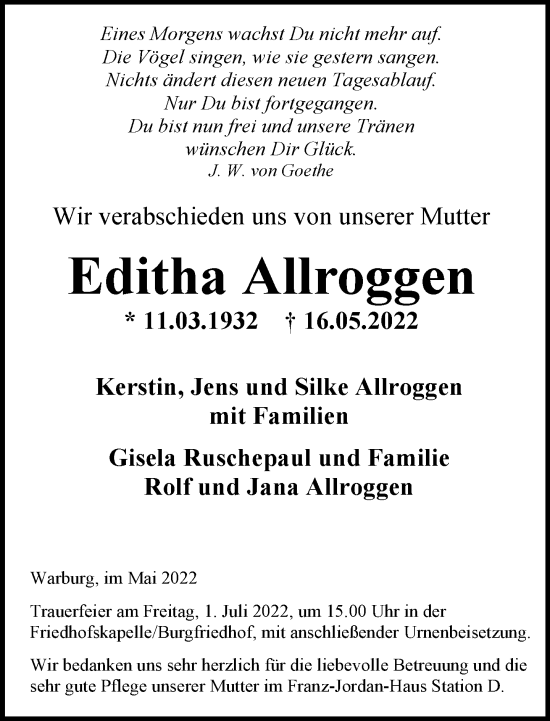 Traueranzeige von Editha Allroggen von Neue Westfälische