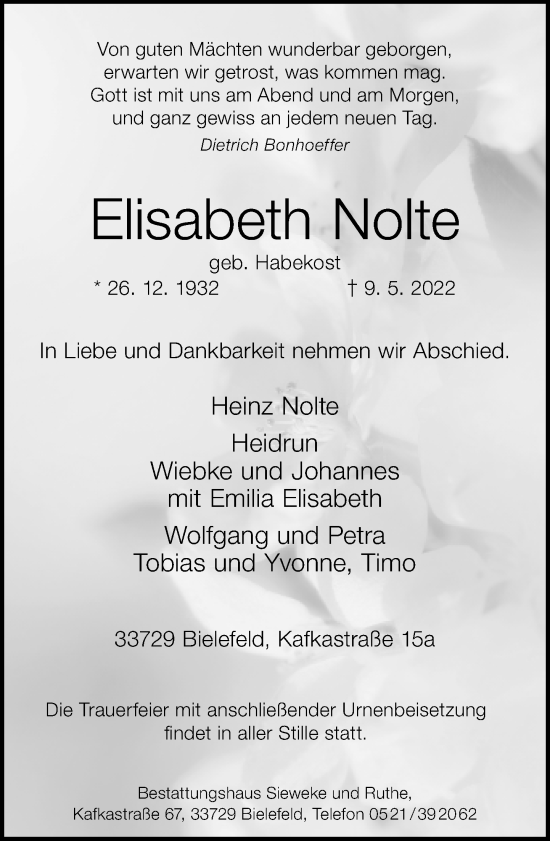 Traueranzeige von Elisabeth Nolte