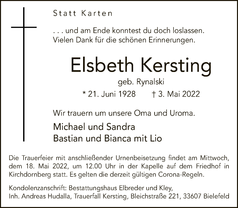  Traueranzeige für Elsbeth Kersting vom 14.05.2022 aus Neue Westfälische
