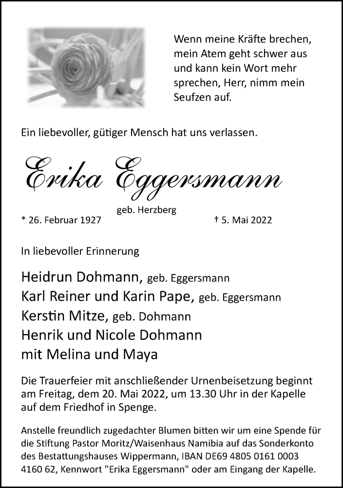  Traueranzeige für Erika Eggersmann vom 14.05.2022 aus Neue Westfälische