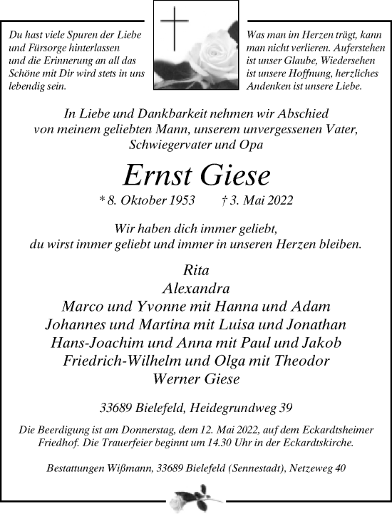 Traueranzeige von Ernst Giese von Neue Westfälische