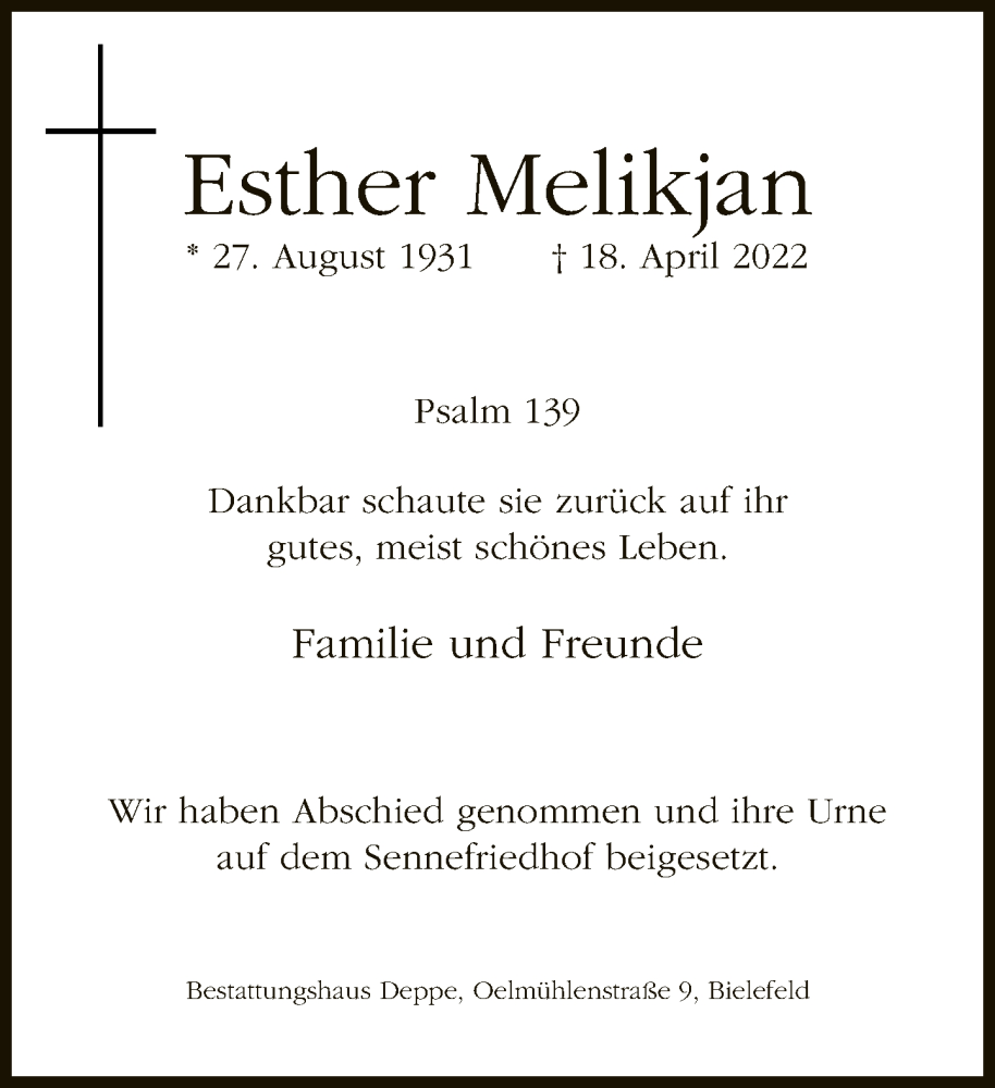  Traueranzeige für Esther Melikjan vom 28.05.2022 aus Neue Westfälische