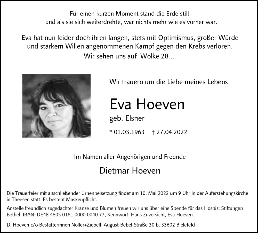  Traueranzeige für Eva Hoeven vom 07.05.2022 aus Neue Westfälische