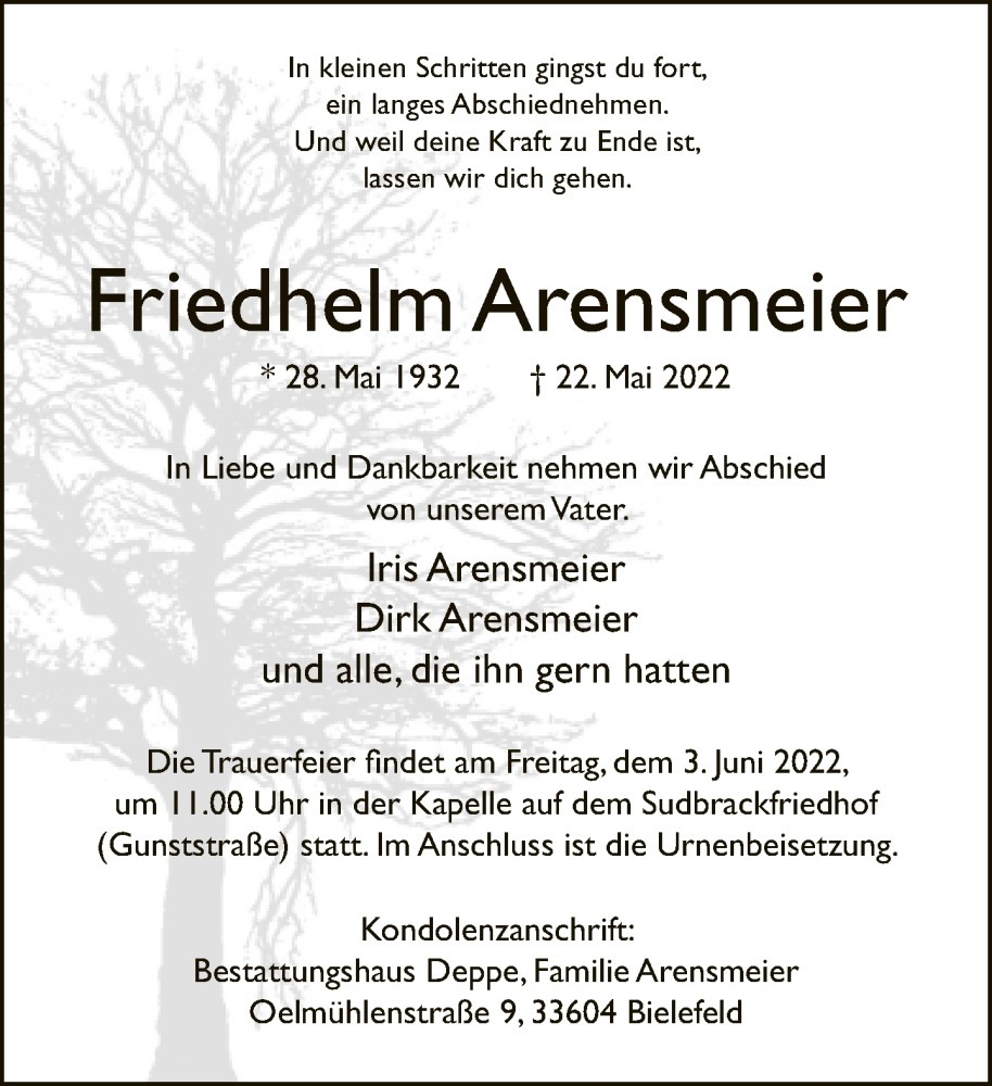  Traueranzeige für Friedhelm Arensmeier vom 28.05.2022 aus Neue Westfälische