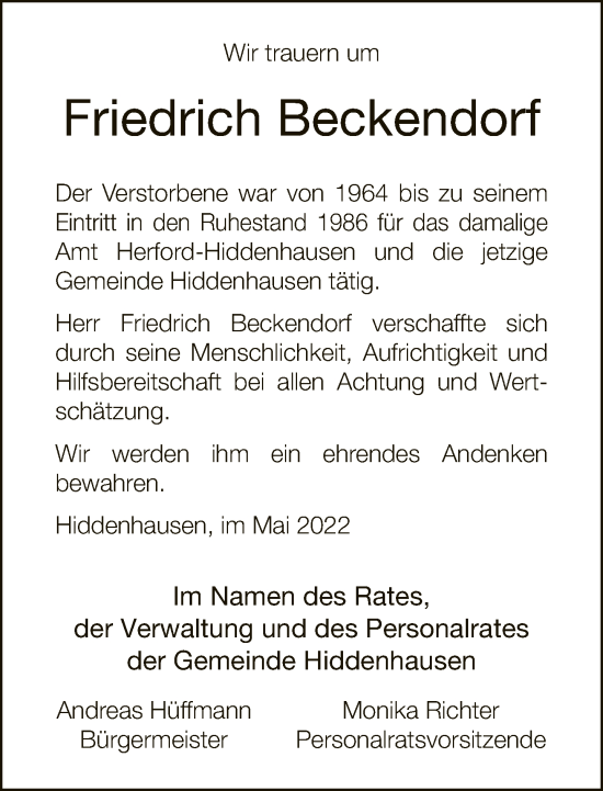 Traueranzeige von Friedrich Beckendorf von Neue Westfälische