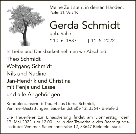 Traueranzeige von Gerda Schmidt von Neue Westfälische