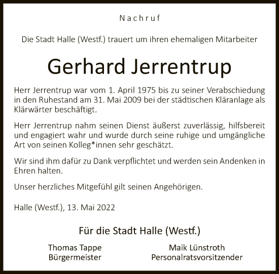 Traueranzeige von Gerhard Jerrentrup von Neue Westfälische