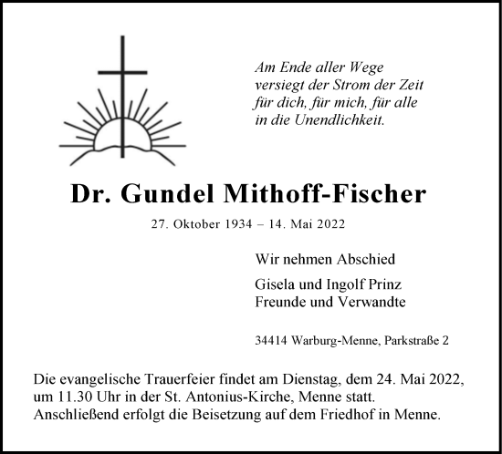 Traueranzeige von Gundel Mithoff-Fischer von Neue Westfälische