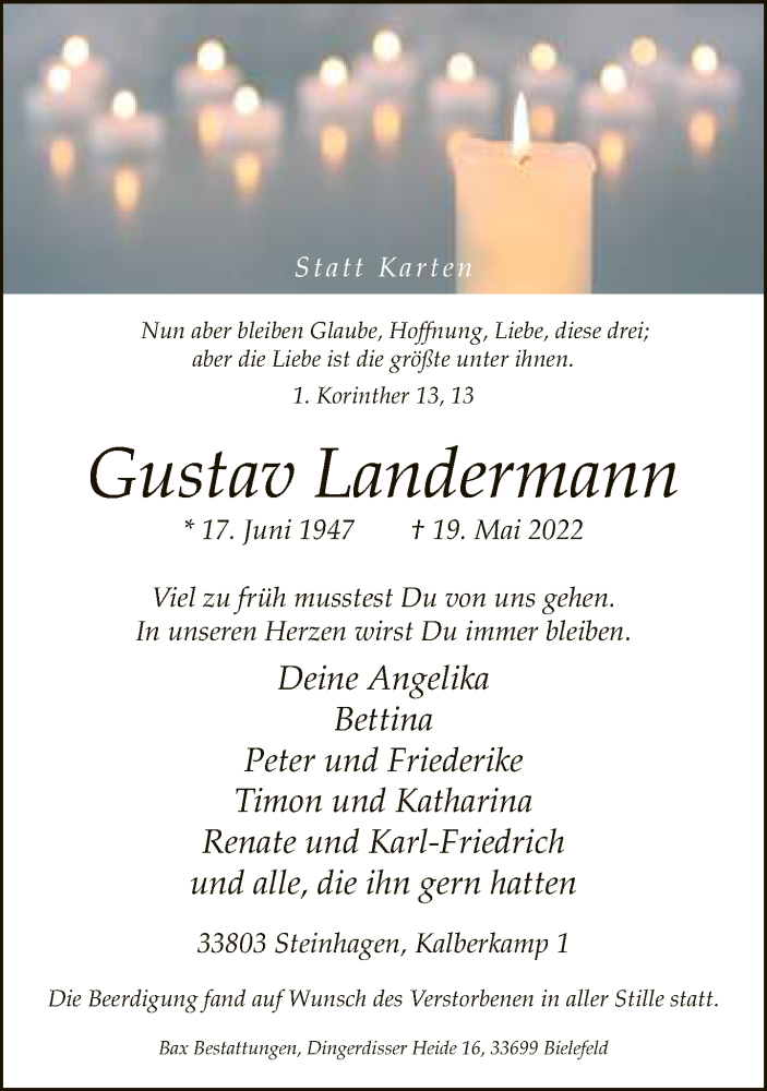  Traueranzeige für Gustav Landermann vom 28.05.2022 aus Neue Westfälische