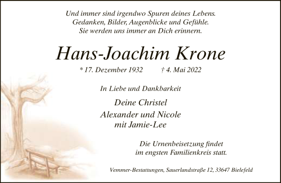 Traueranzeige von Hans-Joachim Krone von Neue Westfälische