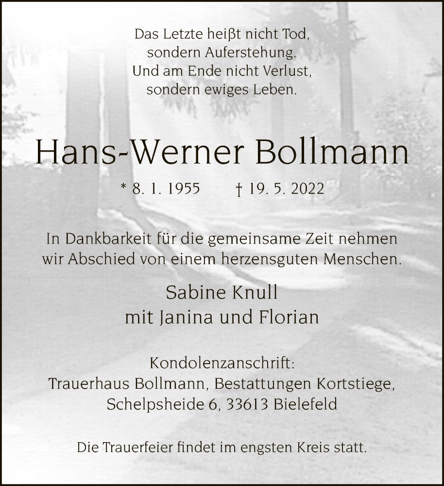  Traueranzeige für Hans-Werner Bollmann vom 21.05.2022 aus Neue Westfälische