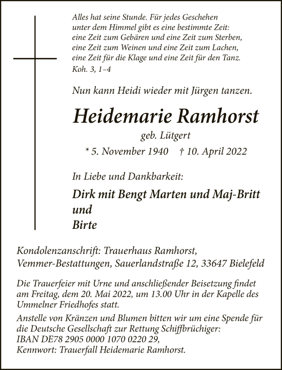 Traueranzeige von Heidemarie Ramhorst von Neue Westfälische