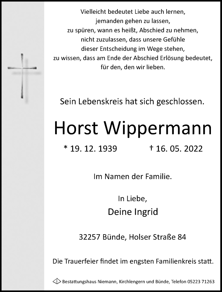  Traueranzeige für Horst Wippermann vom 18.05.2022 aus Neue Westfälische