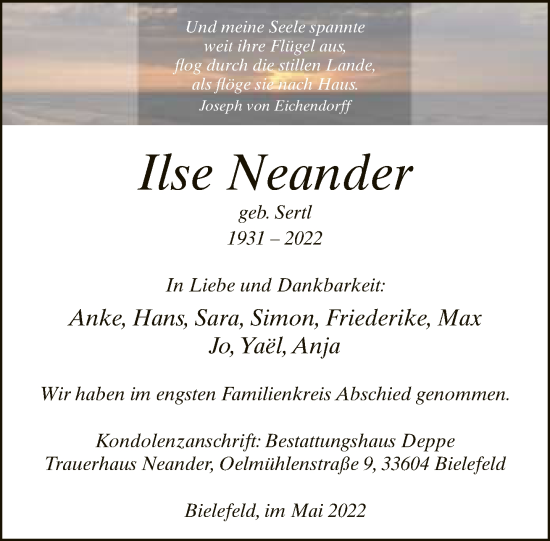 Traueranzeige von Ilse Neander von Neue Westfälische