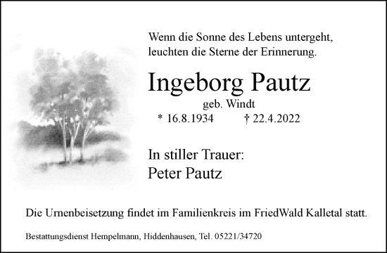 Traueranzeige von Ingeborg Pautz von Neue Westfälische