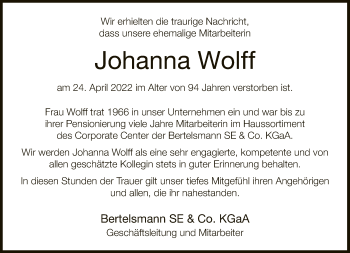 Traueranzeige von Johanna Wolff von Neue Westfälische