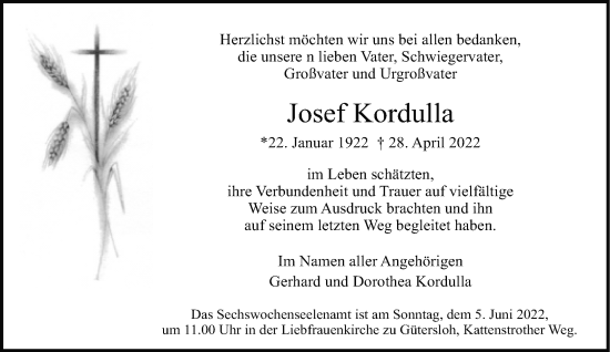 Traueranzeige von Josef Kordulla von Neue Westfälische