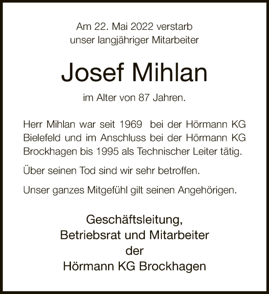 Traueranzeige von Josef Mihlan