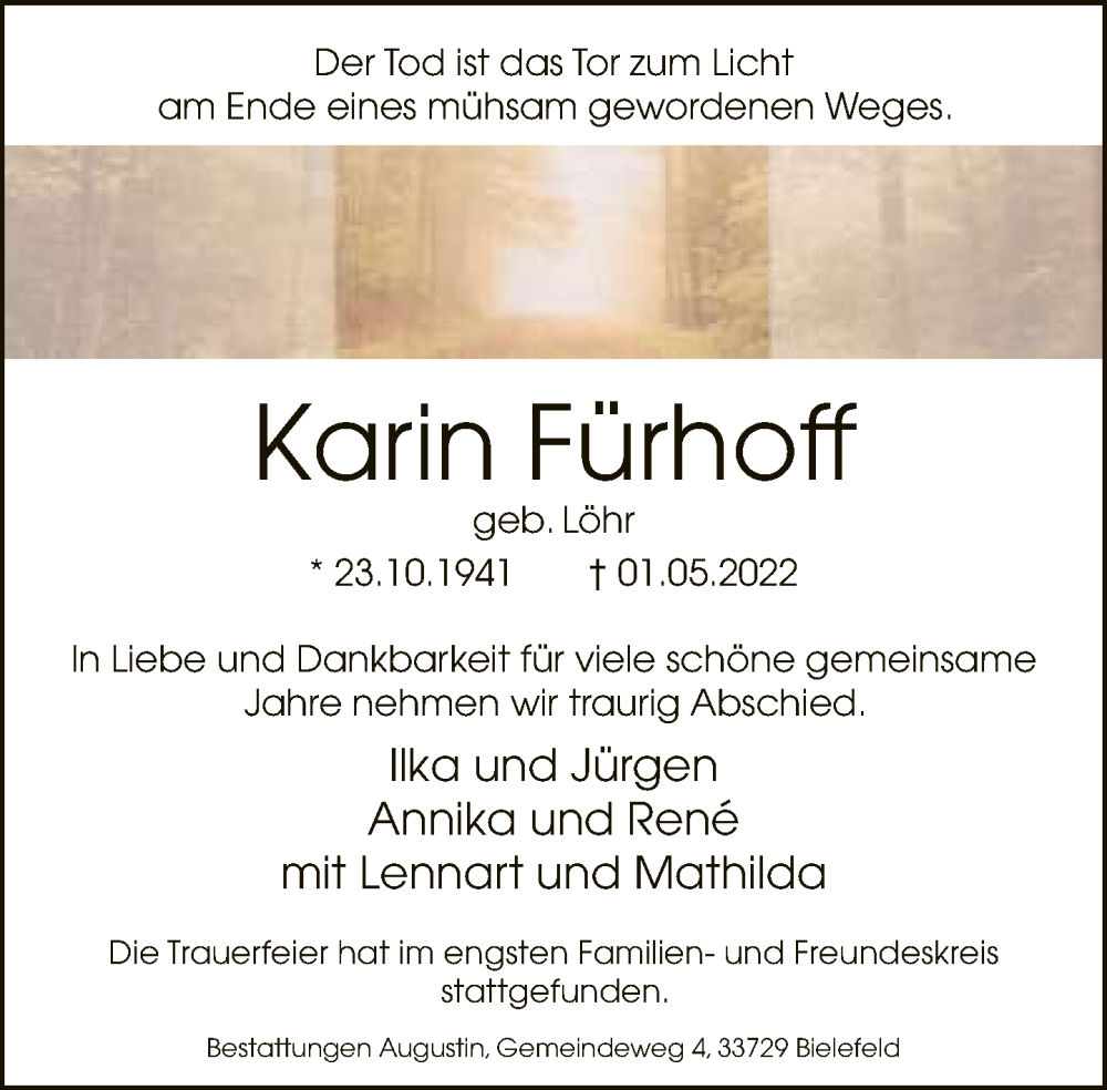  Traueranzeige für Karin Fürhoff vom 21.05.2022 aus Neue Westfälische