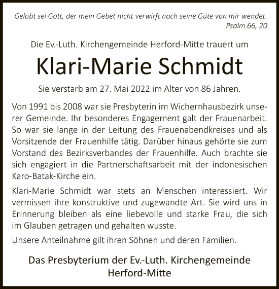 Traueranzeige von Klari-Marie Schmidt von Neue Westfälische