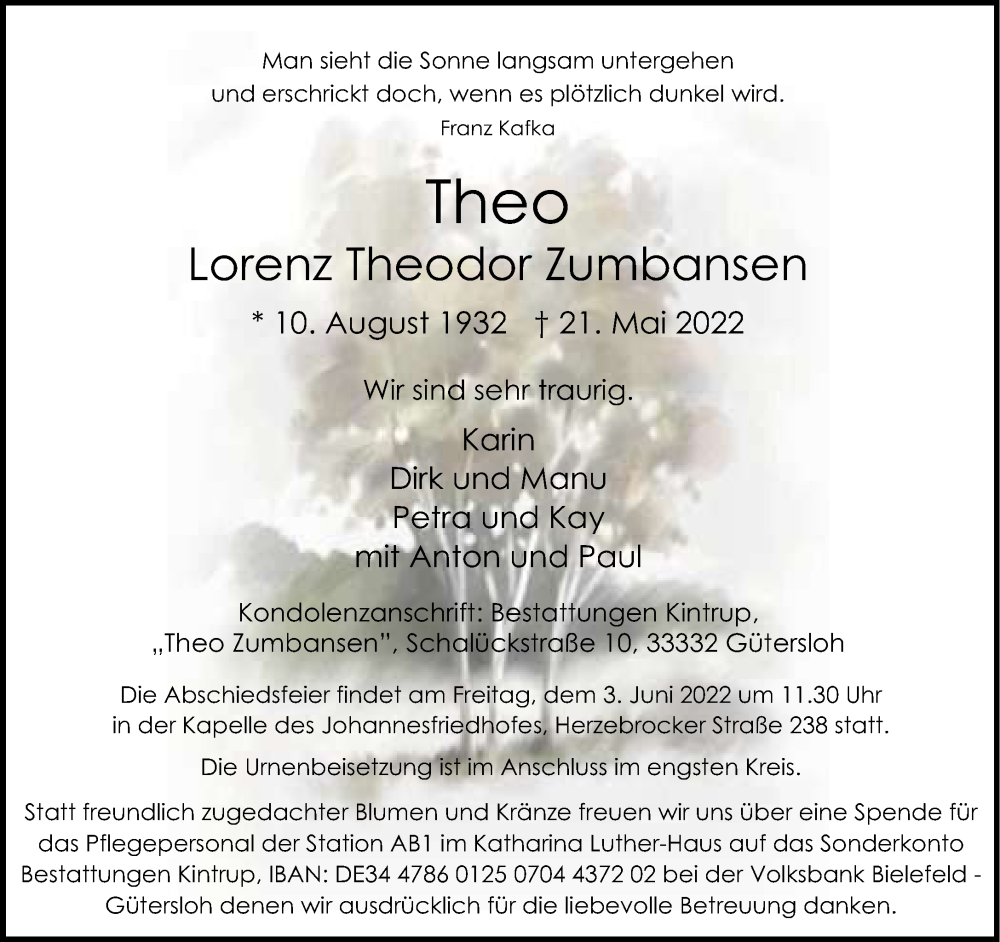  Traueranzeige für Lorenz Theodor Zumbansen vom 28.05.2022 aus Neue Westfälische