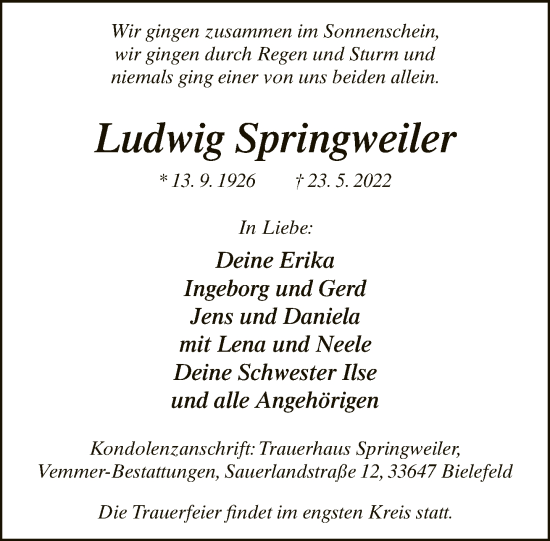Traueranzeige von Ludwig Springweiler von Neue Westfälische