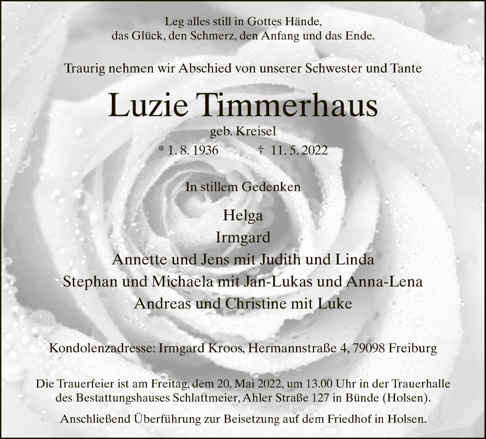  Traueranzeige für Luzie Timmerhaus vom 17.05.2022 aus Neue Westfälische