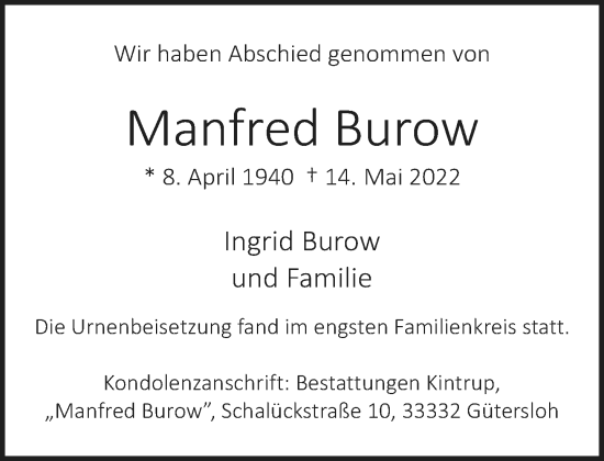 Traueranzeige von Manfred Burow von Neue Westfälische