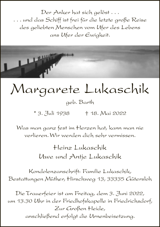 Traueranzeige von Margarete Lukaschik von Neue Westfälische