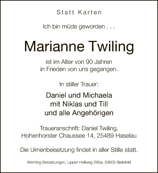 Traueranzeige von Marianne Twiling von Neue Westfälische
