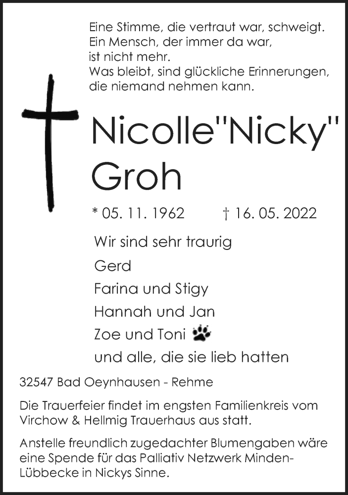  Traueranzeige für Nicolle Groh vom 21.05.2022 aus Neue Westfälische