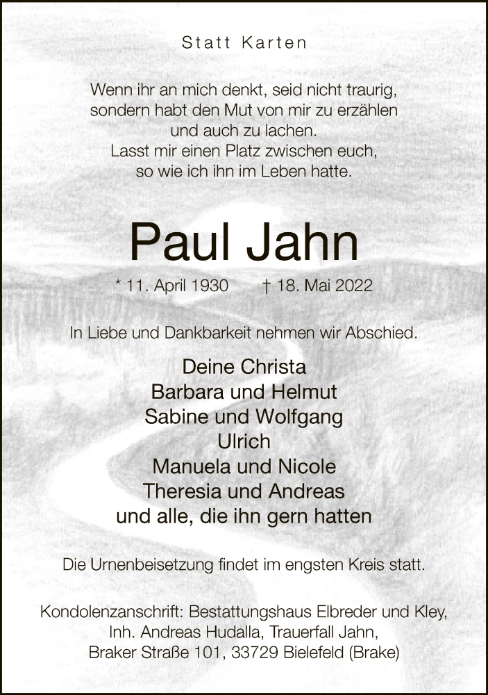  Traueranzeige für Paul Jahn vom 28.05.2022 aus Neue Westfälische