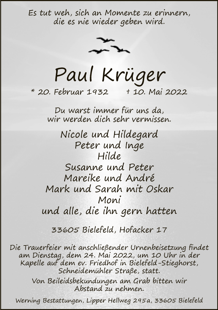  Traueranzeige für Paul Krüger vom 14.05.2022 aus Neue Westfälische