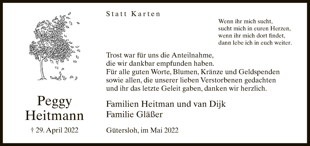  Traueranzeige für Peggy Heitmann vom 28.05.2022 aus Neue Westfälische