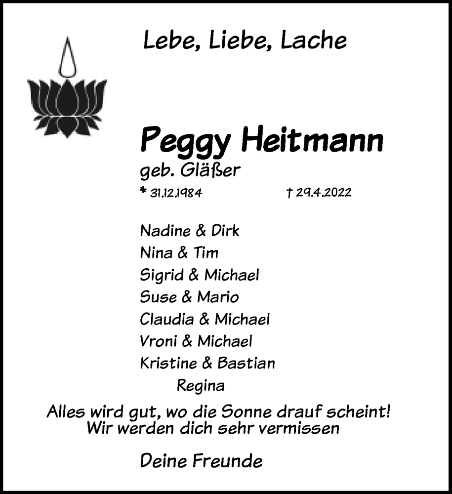  Traueranzeige für Peggy Heitmann vom 07.05.2022 aus Neue Westfälische