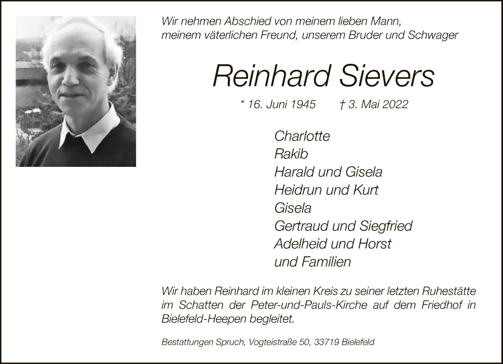  Traueranzeige für Reinhard Sievers vom 21.05.2022 aus Neue Westfälische