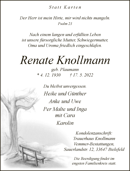 Traueranzeige von Renate Knollmann von Neue Westfälische