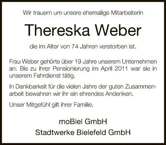 Traueranzeige von Thereska Weber von Neue Westfälische