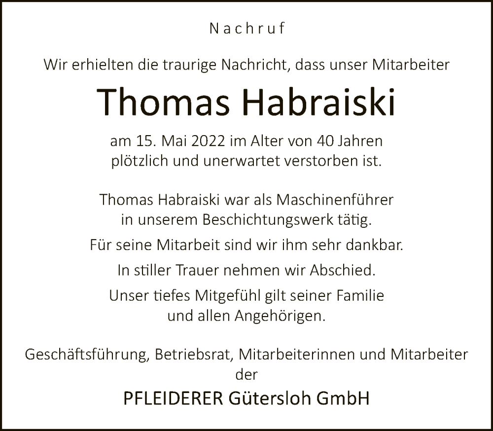  Traueranzeige für Thomas Habraiski vom 19.05.2022 aus Neue Westfälische