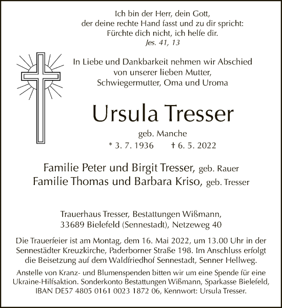Traueranzeige von Ursula Tresser von Neue Westfälische