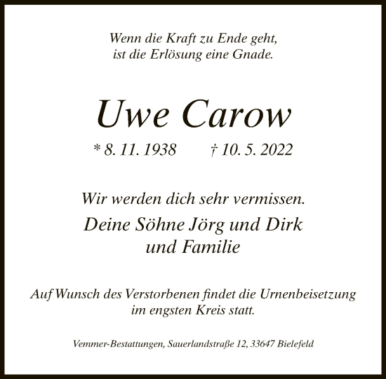 Traueranzeige von Uwe Carow von Neue Westfälische