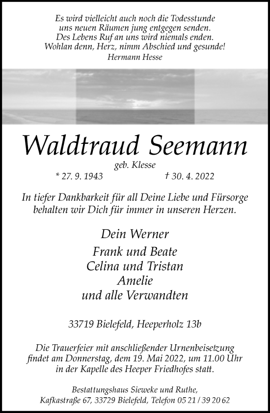 Traueranzeige von Waldtraud Seemann