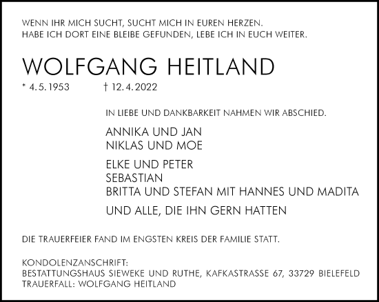 Traueranzeige von Wolfgang Heitland